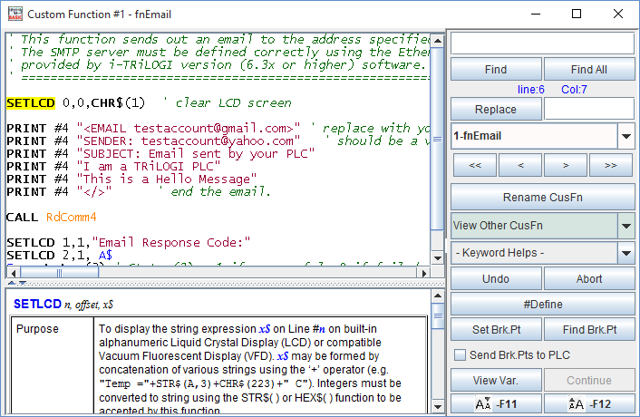 i-TRiLOGI Custom Function editor showing a TBASIC email routine